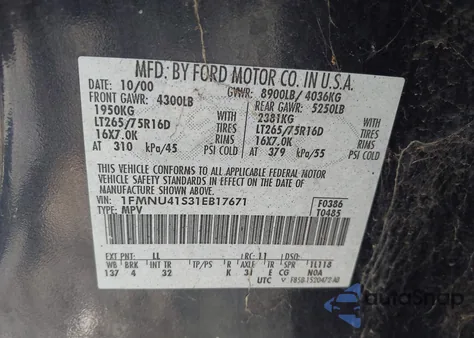 2001 Ford Excursion Xlt z USA, uszkodzony, nr VIN 1FMNU41S31EB17671